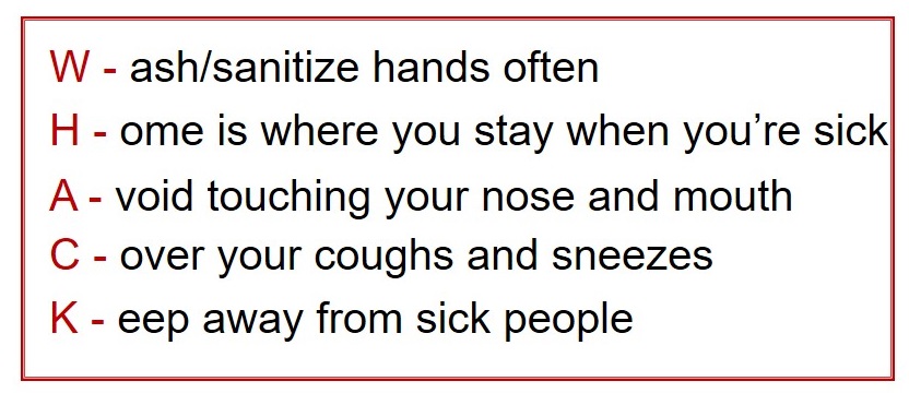 What WHACK stands for: Wash hands often Home is where you stay when you're sick Avoid touching your nose and mouth Cover your coughs and sneezes Keep away from sick people