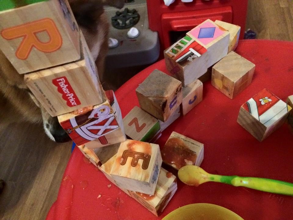 A photo of blocks held together by tomato soup, demonstrating creativity of kids.